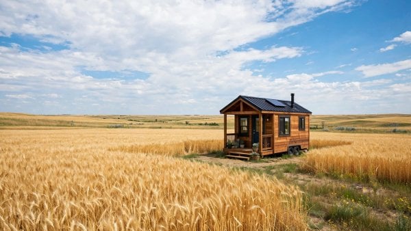 Tiny house laws in North Dakota — featured image of a tiny house on open North Dakota prairie