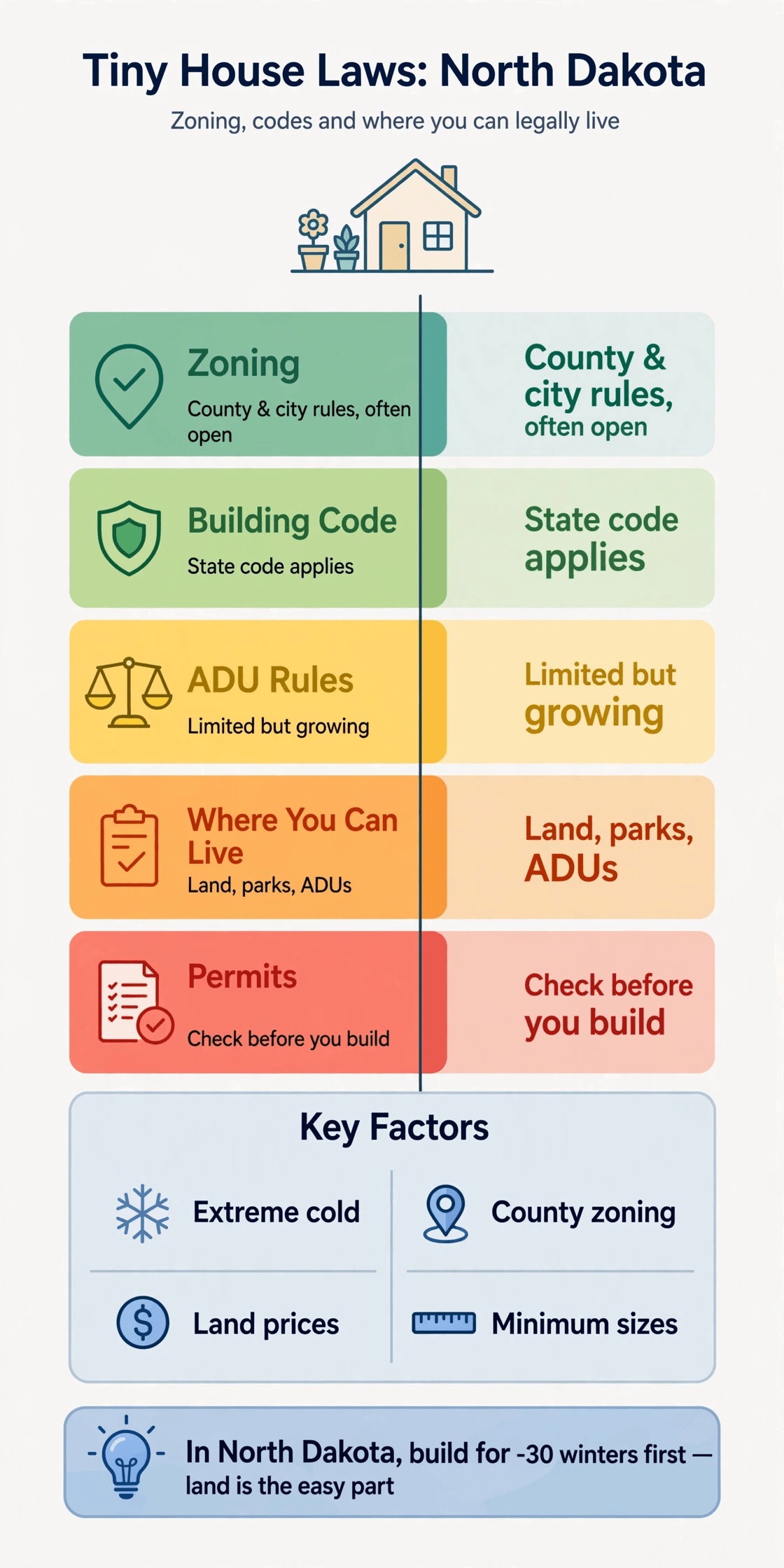 Tiny house laws in North Dakota — infographic summarizing North Dakota zoning, cold-climate codes, county rules and permits