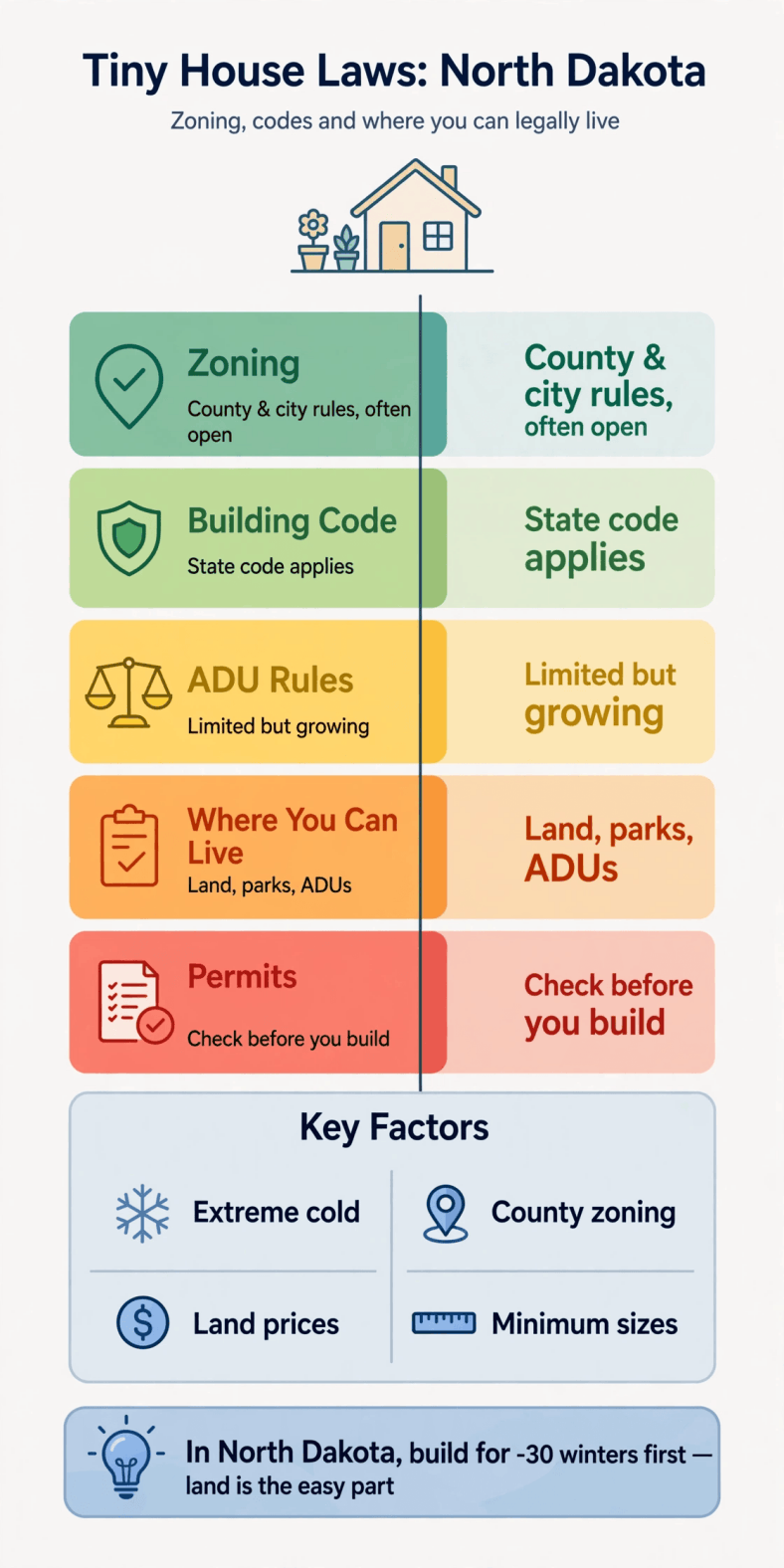 Tiny house laws in North Dakota — infographic summarizing North Dakota zoning, cold-climate codes, county rules and permits