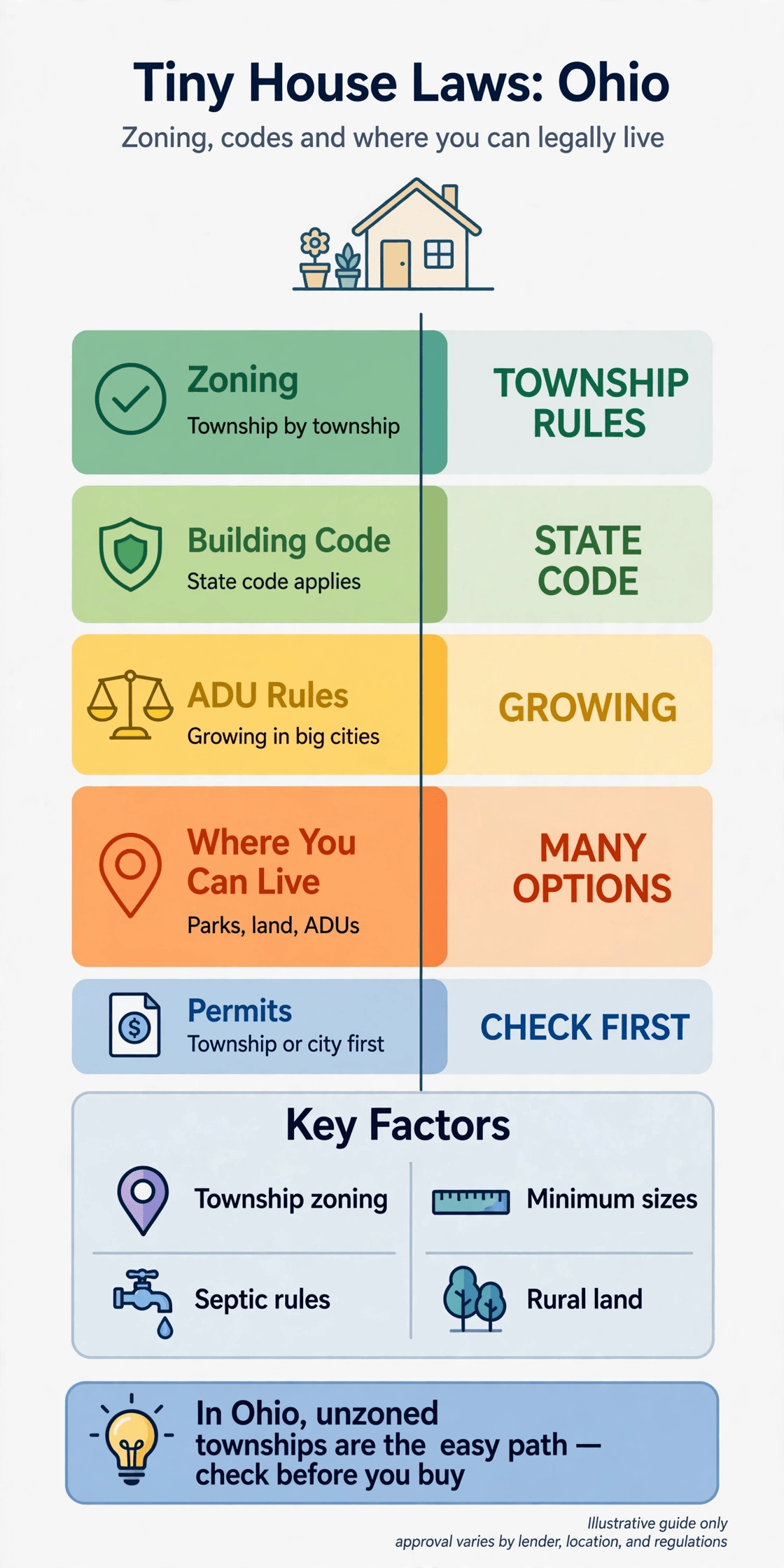 Tiny house laws in Ohio — infographic summarizing Ohio zoning, building codes, ADU routes and permits