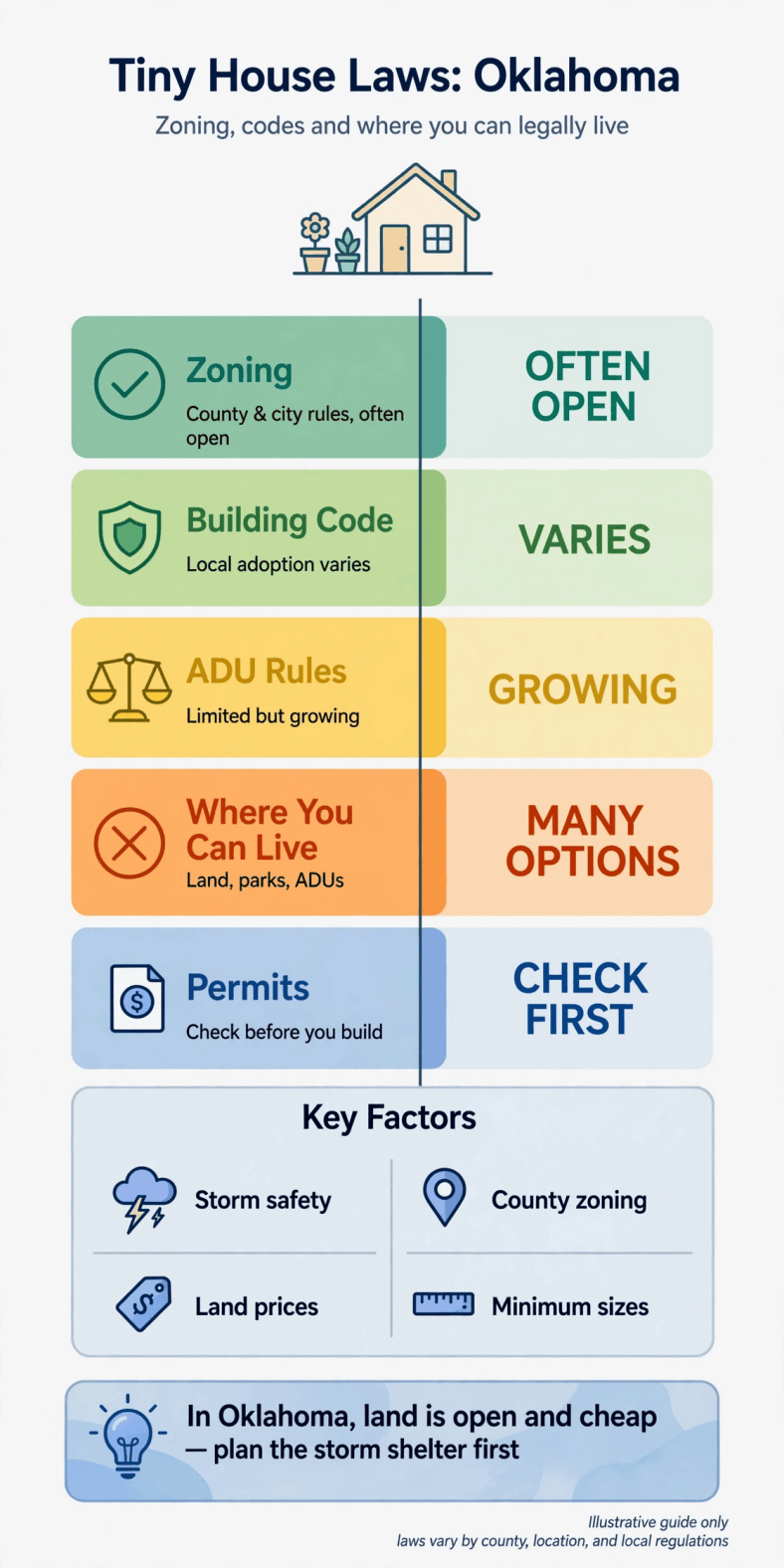 Tiny house laws in Oklahoma — infographic summarizing Oklahoma zoning, building codes, ADU routes and permits