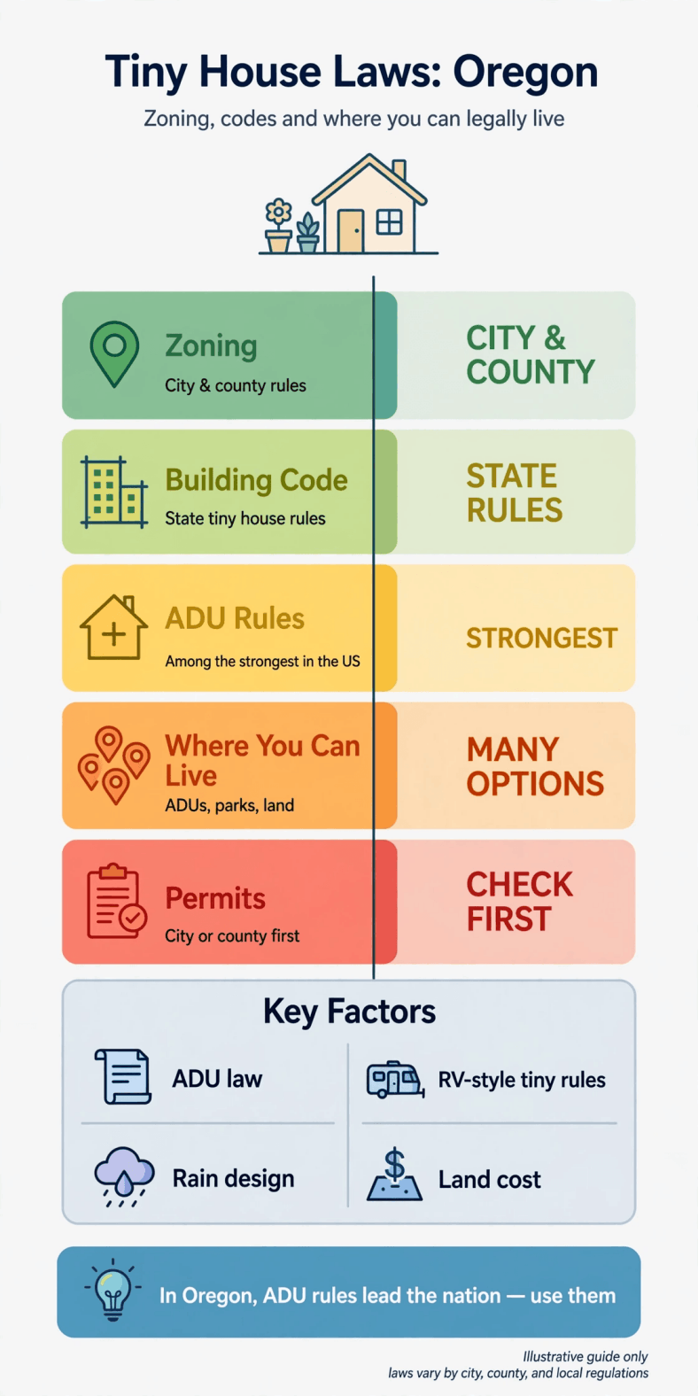 Tiny house laws in Oregon — infographic summarizing Oregon zoning, building codes, ADU routes and permits