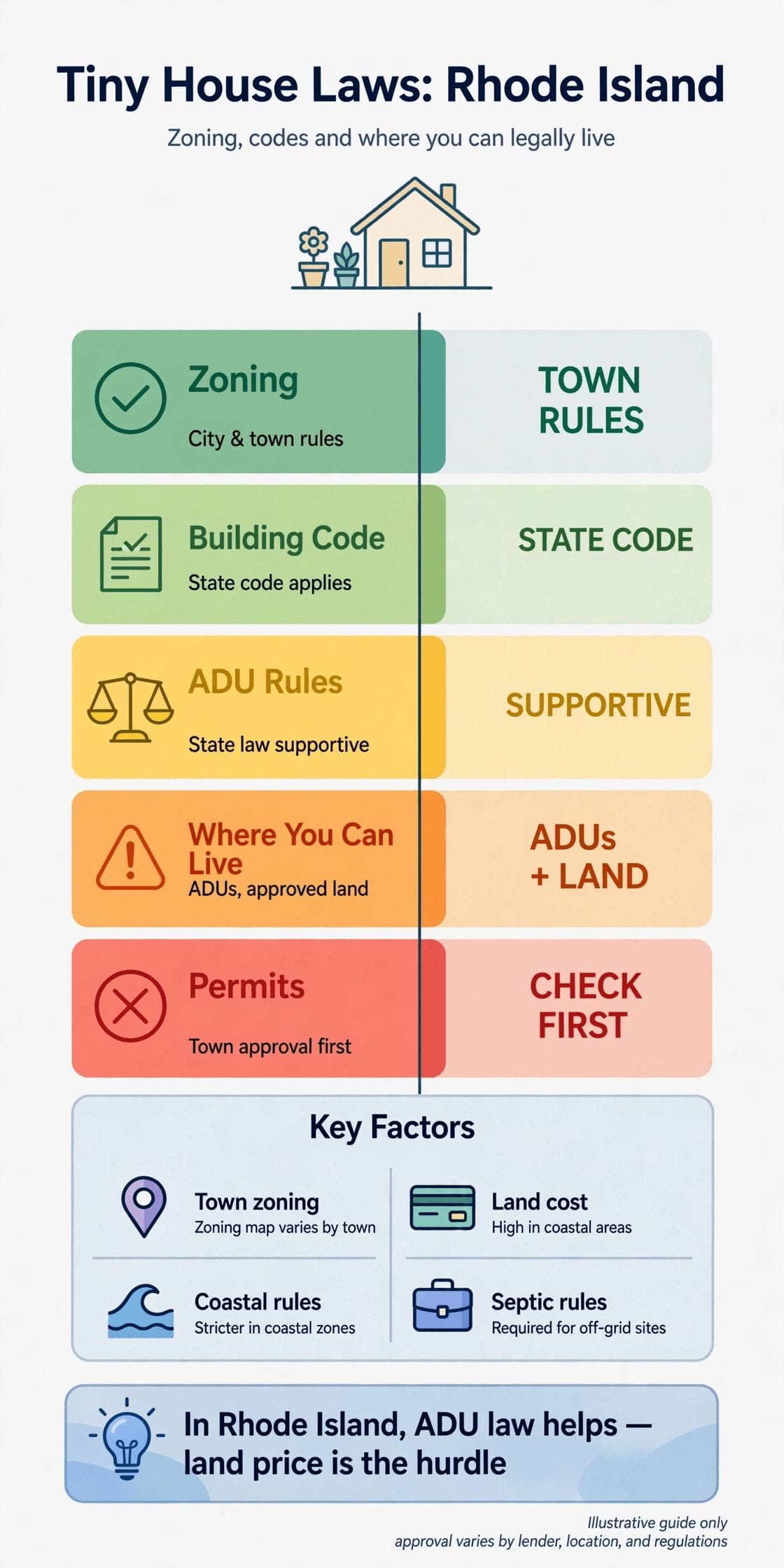 Tiny house laws in Rhode Island — infographic summarizing Rhode Island zoning, building codes, ADU routes and permits