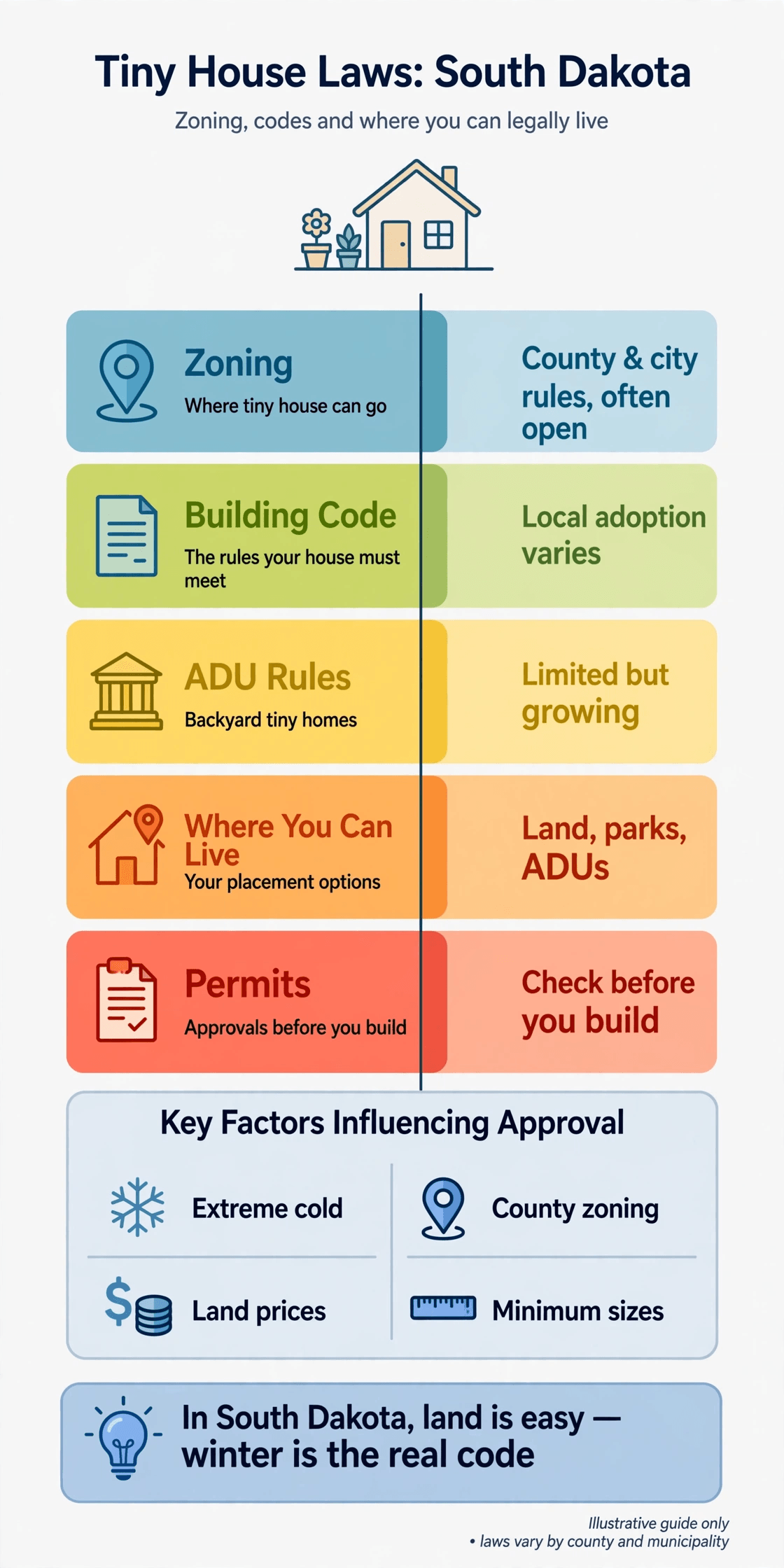 tiny house laws south dakota — infographic summary of zoning, building codes and where you can legally live
