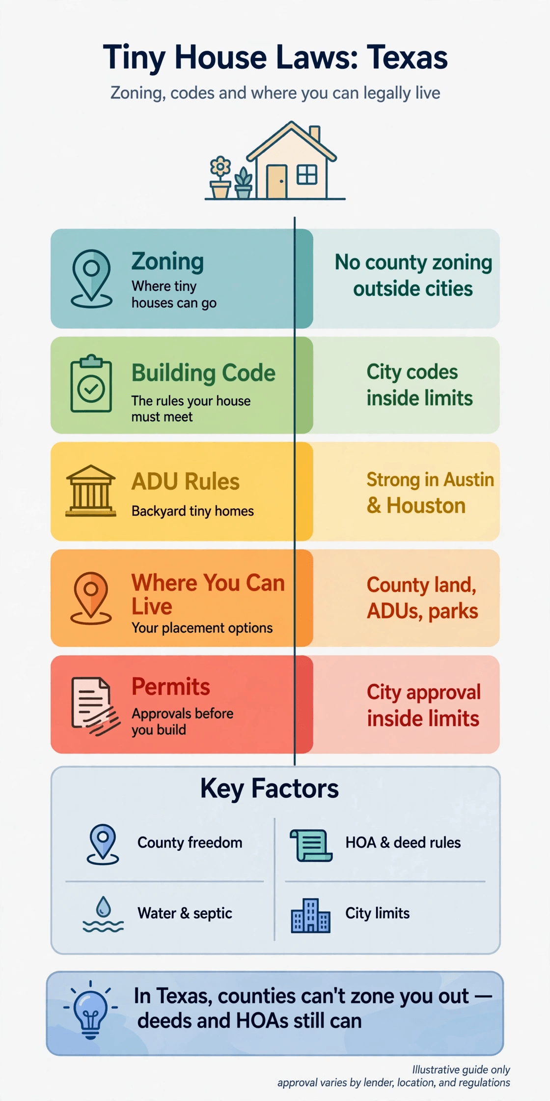 tiny house laws texas — infographic summary of zoning, building codes and where you can legally live