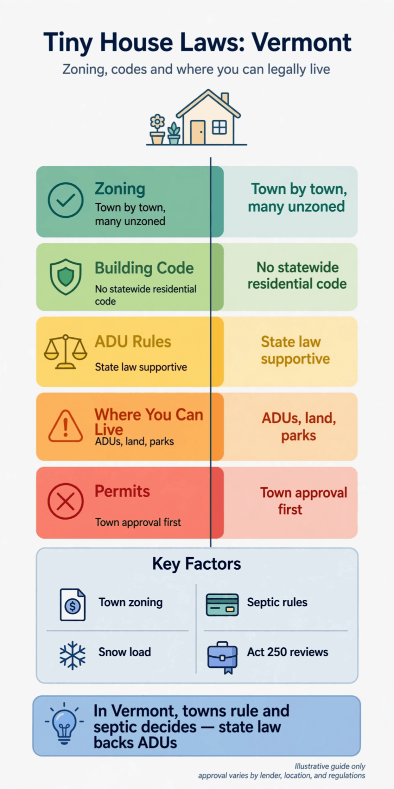 Tiny house laws in Vermont — infographic chart of town zoning, septic approval and ADU options