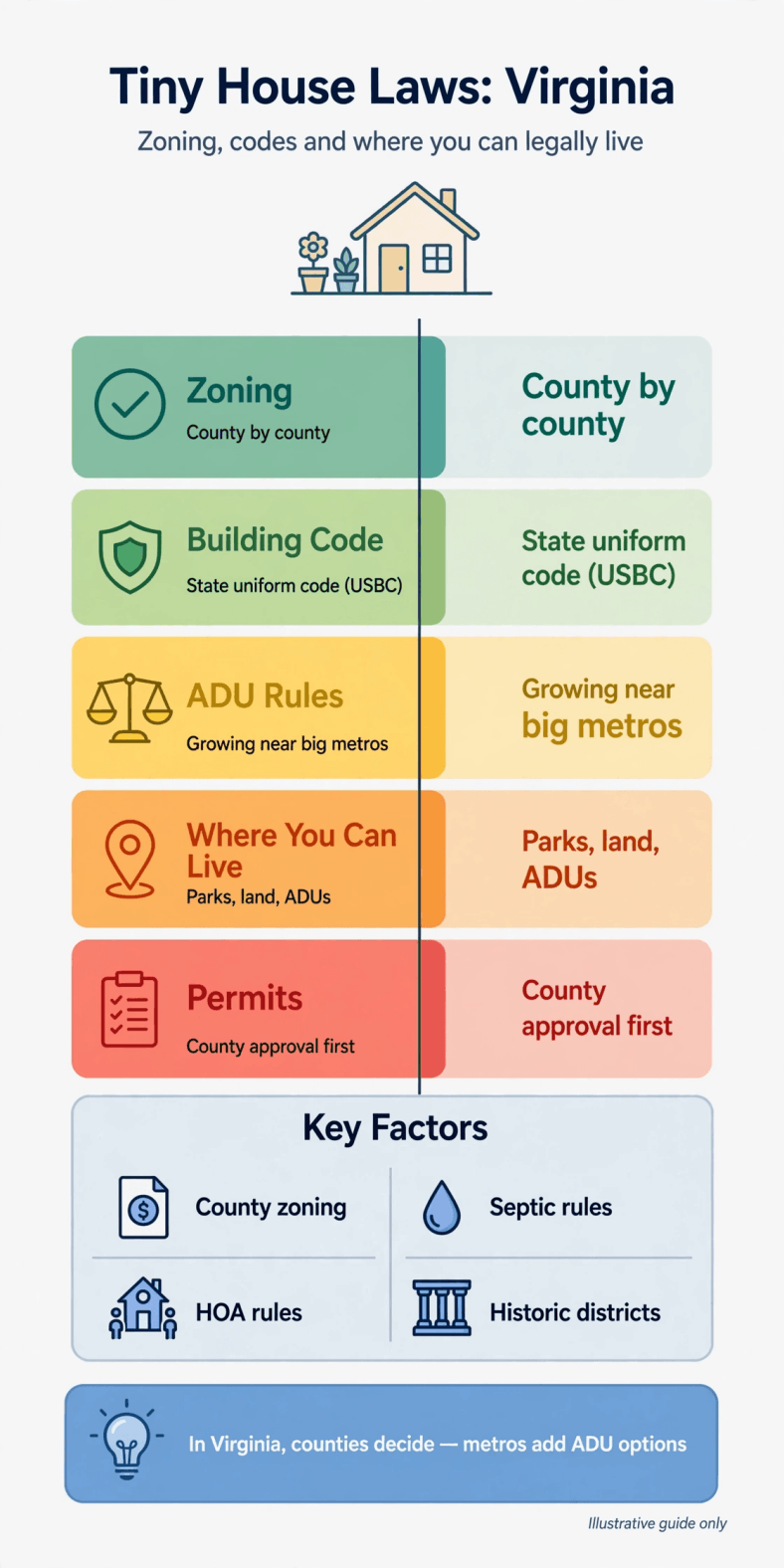 Tiny house laws in Virginia — infographic chart of county zoning, the state uniform building code and ADU options