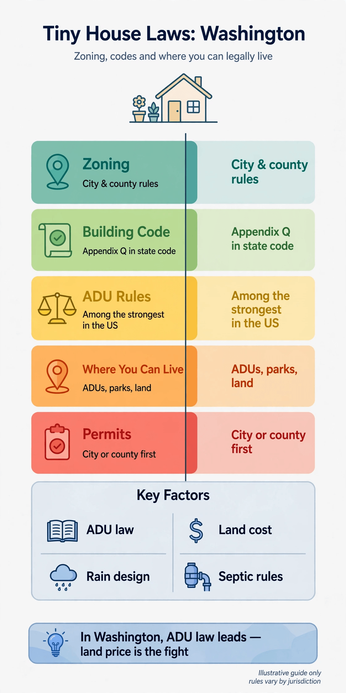 Tiny house laws in Washington — infographic chart of Appendix Q, state ADU law and Seattle backyard cottages