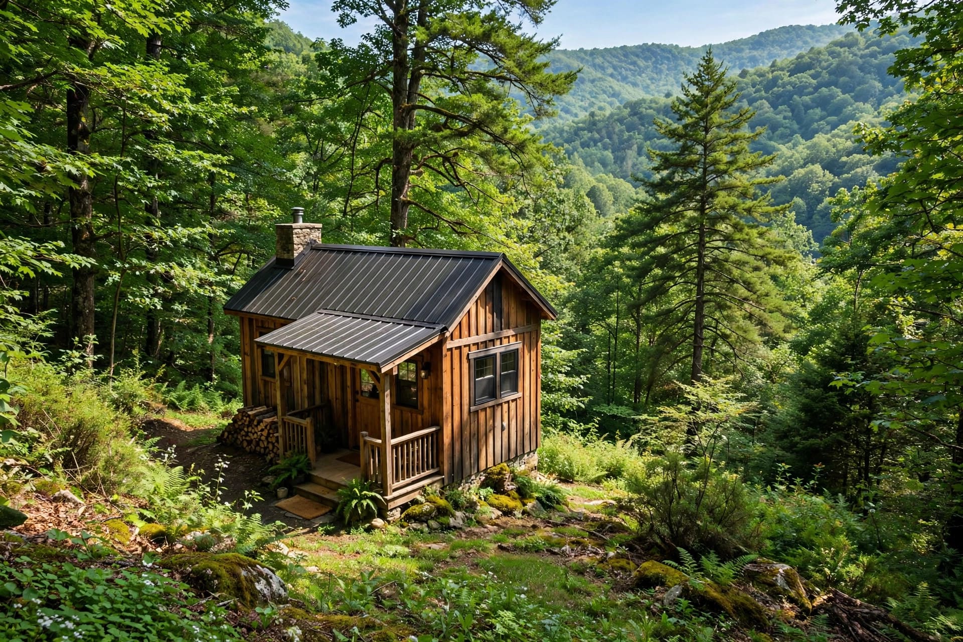Tiny house laws in West Virginia — featured image of a small house in a mountain hollow