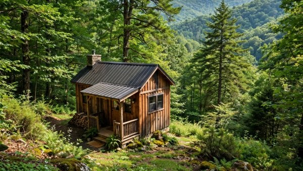 Tiny house laws in West Virginia — featured image of a small house in a mountain hollow