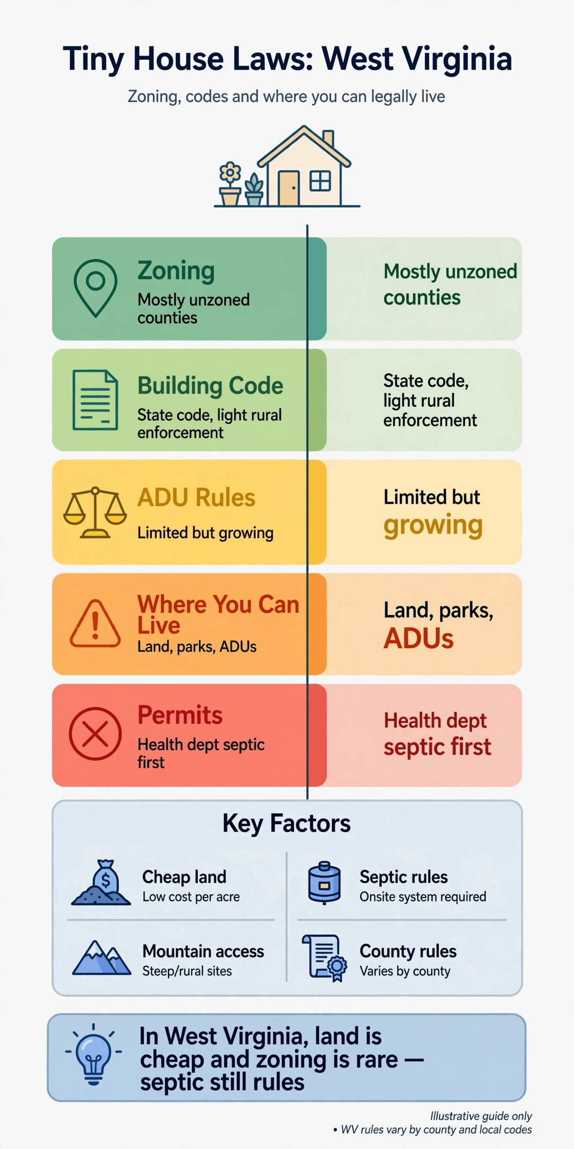 Tiny house laws in West Virginia — infographic chart of unzoned counties, health-department septic permits and cheap mountain land