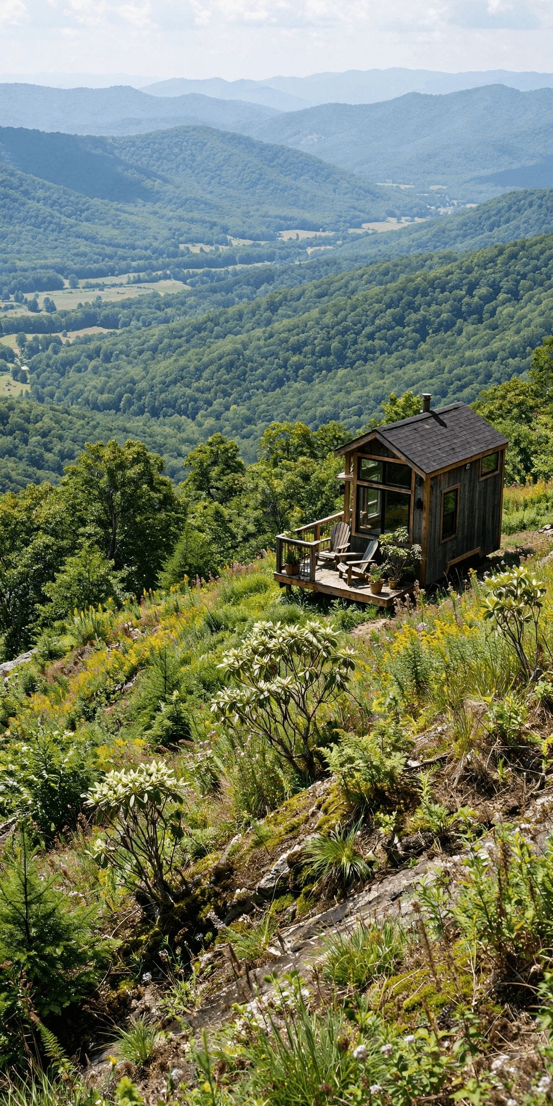 Tiny house laws in West Virginia — vertical guide graphic on rural zoning, wells and septic in the mountains