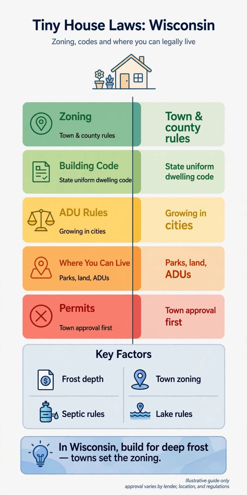 Tiny house laws in Wisconsin — infographic chart of the uniform dwelling code, county zoning and POWTS septic permits