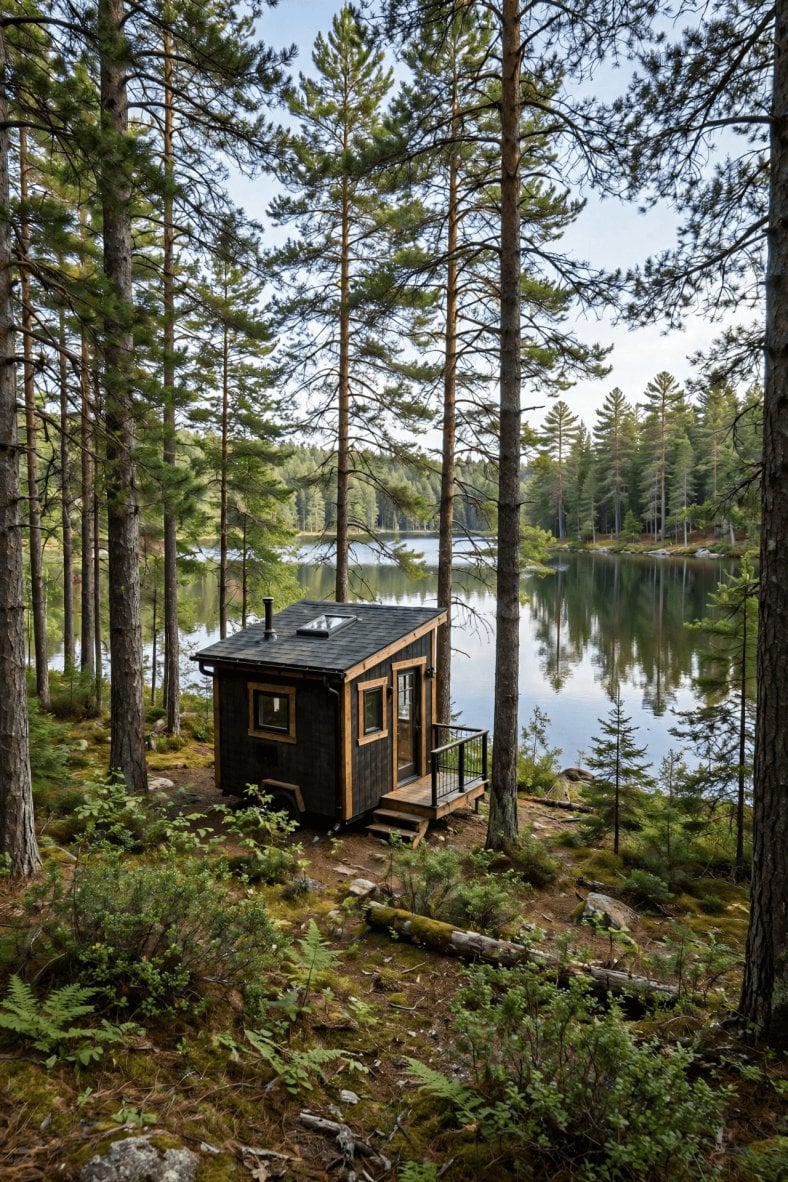 Tiny house laws in Wisconsin — vertical guide graphic on town and county zoning, shoreland rules and deep-frost design