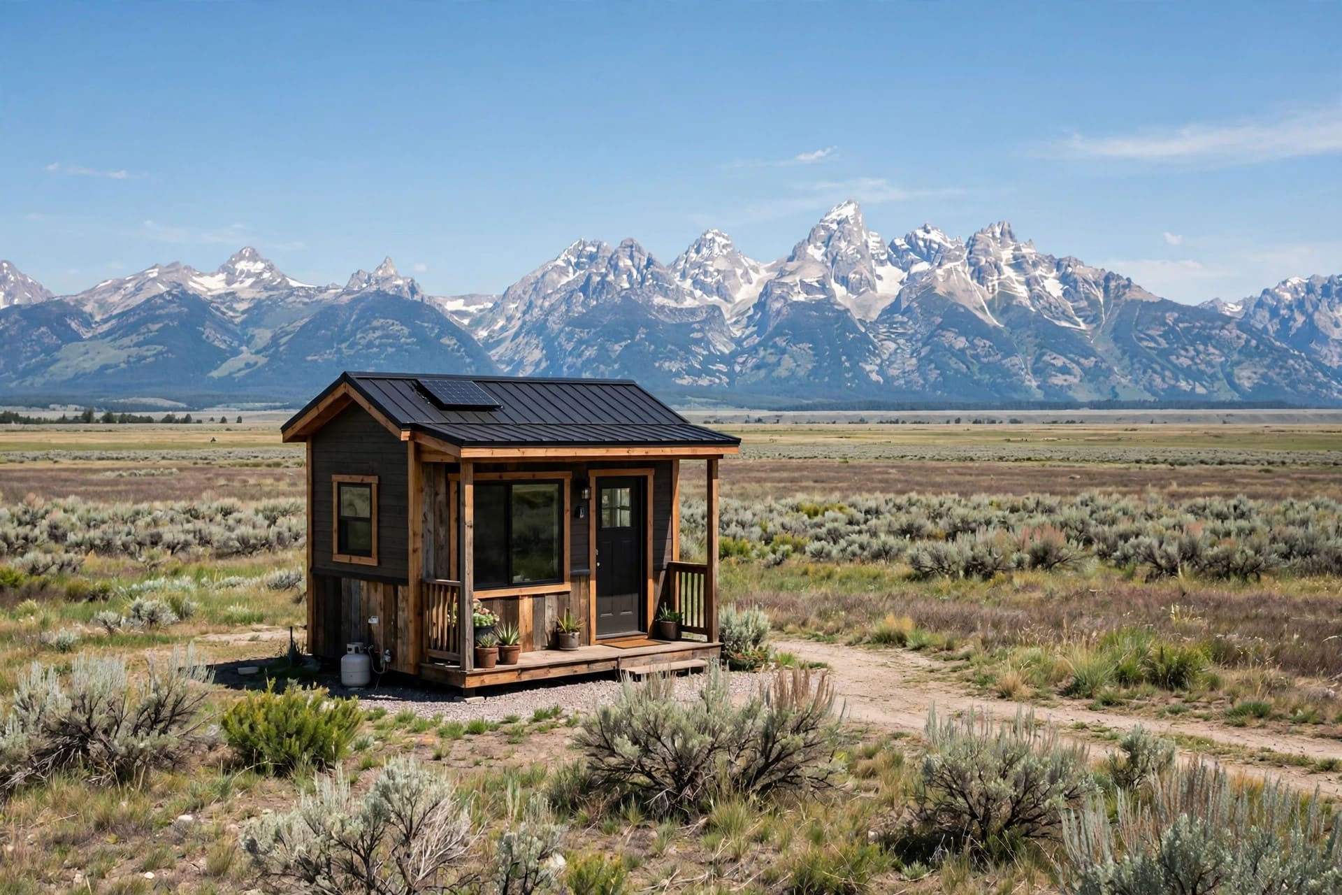 Tiny house laws in Wyoming — featured image of a small house on open Wyoming high-plains land