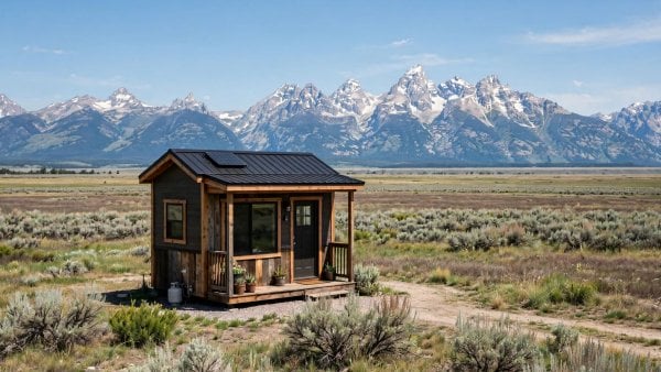Tiny house laws in Wyoming — featured image of a small house on open Wyoming high-plains land