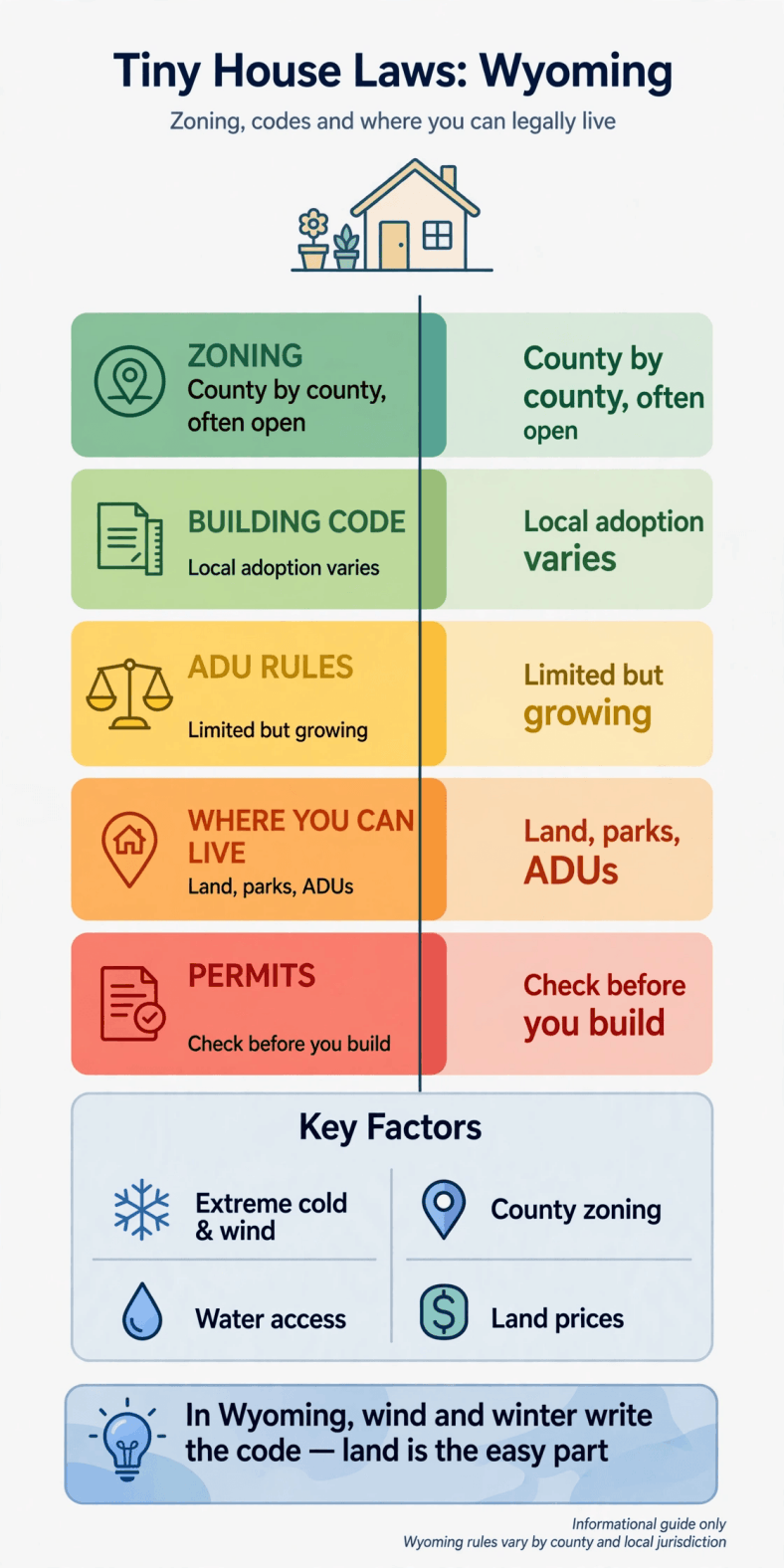 Tiny house laws in Wyoming — infographic summary of zoning, building codes, permits and water access