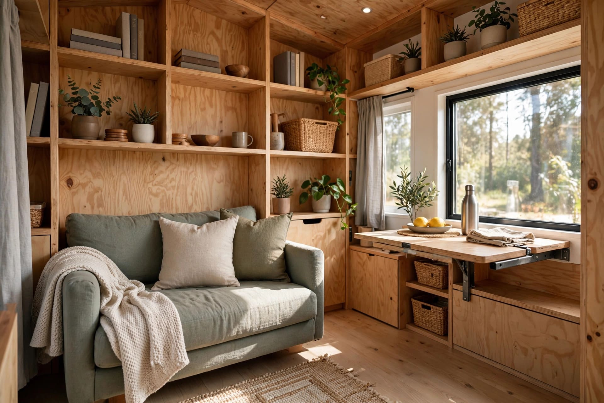 tiny house living room interior design built in seating with storage and a fold down table
