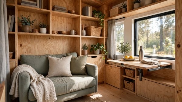tiny house living room interior design built in seating with storage and a fold down table