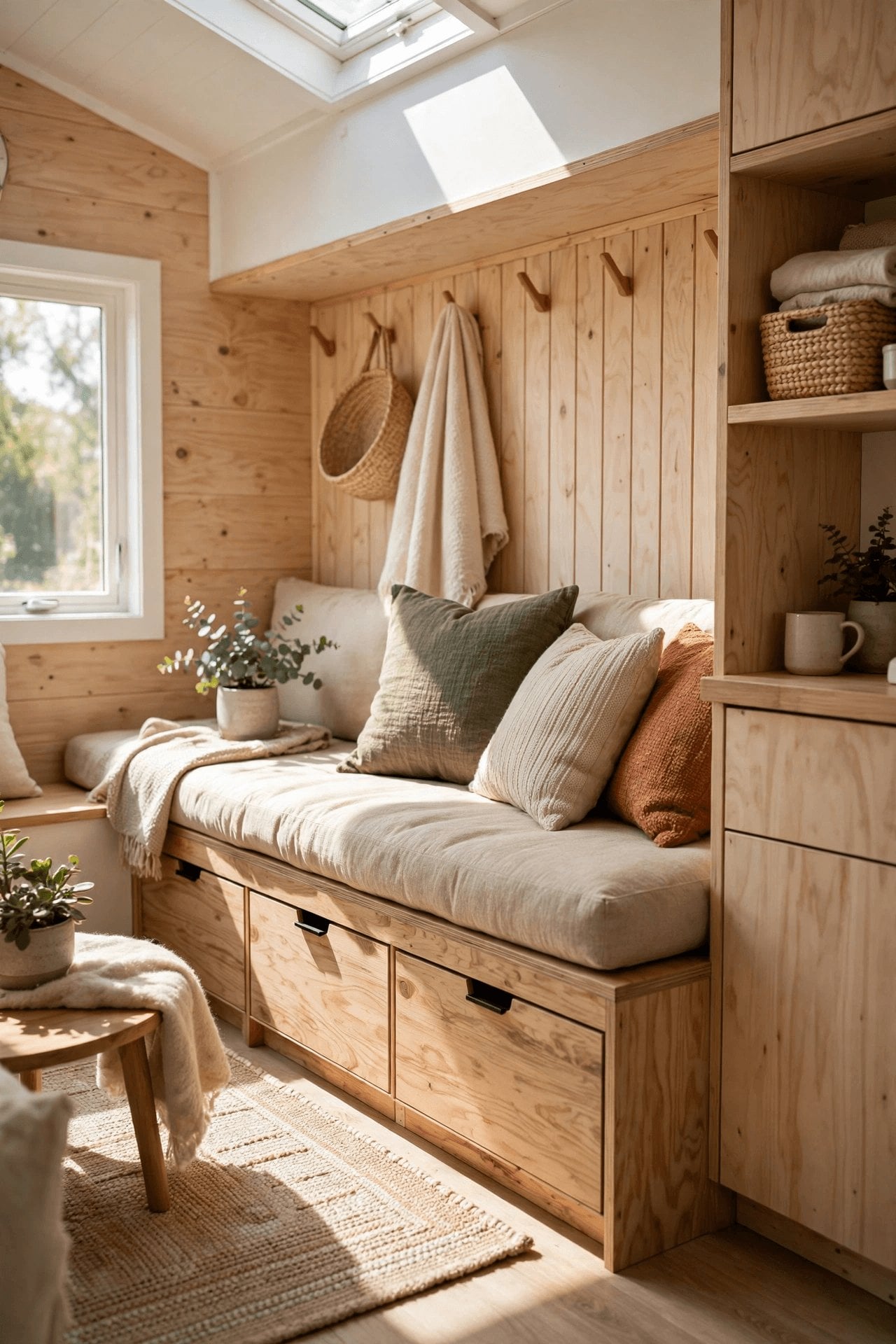 tiny house living room interior design wall mounted shelves and folding furniture with clear walkways
