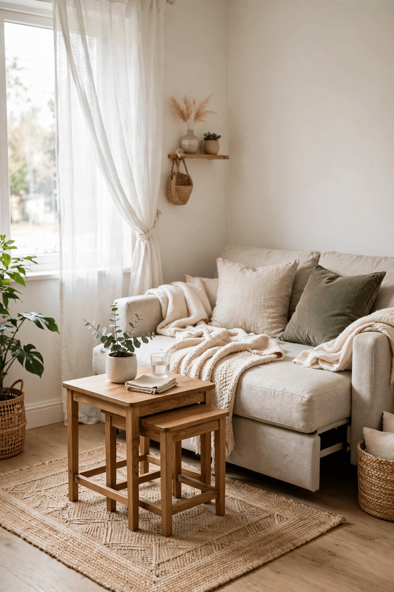 tiny house living room interior design nesting tables and a sofa bed in a small sitting area