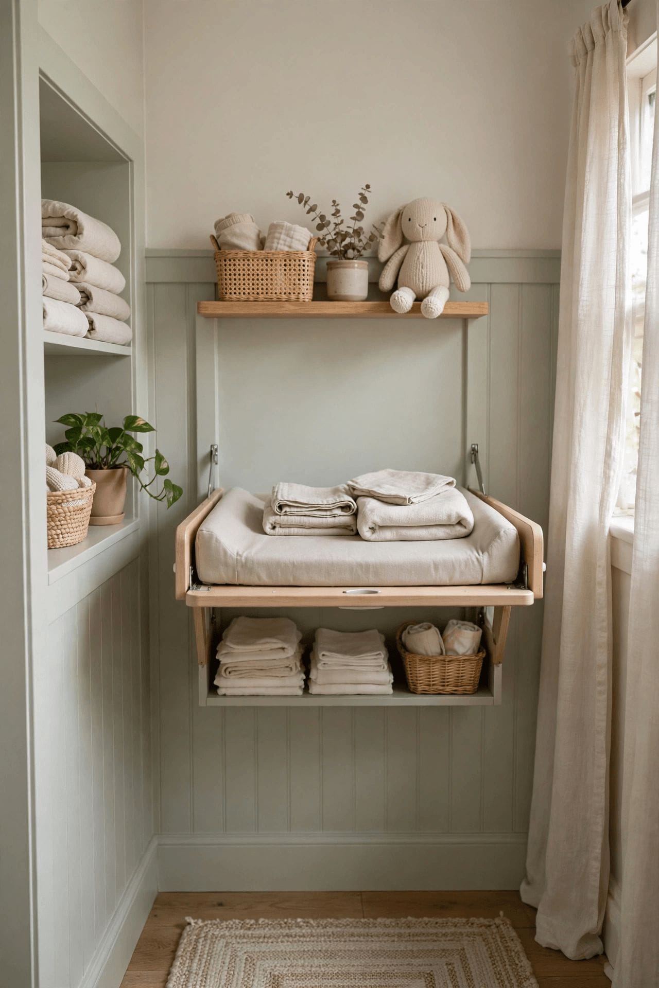 tiny house nursery ideas pin showing a fold-away changing station beside a mini crib