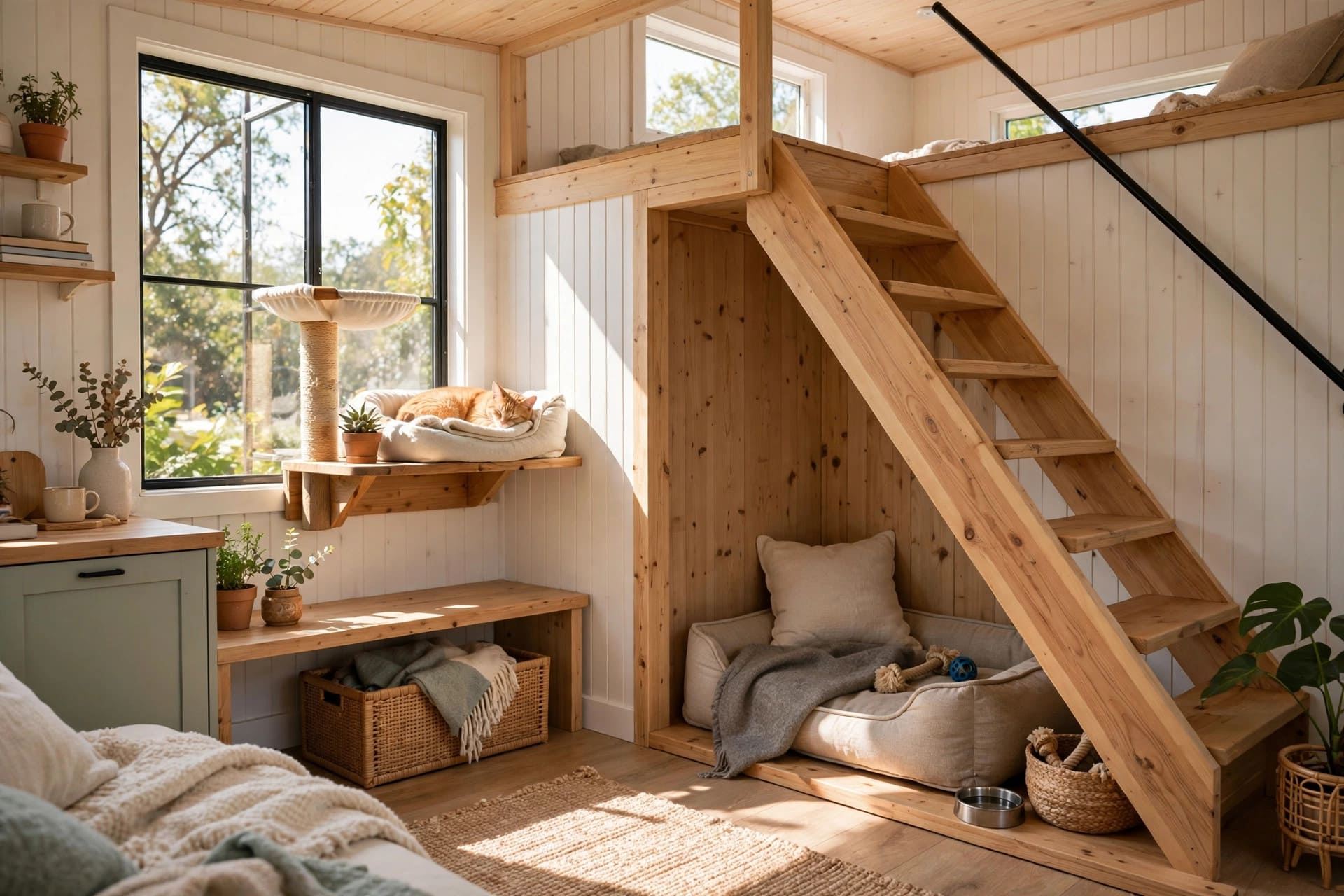 tiny house pet friendly design showing a calm dog resting in a built-in nook inside a small home