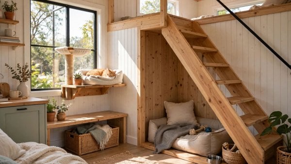 tiny house pet friendly design showing a calm dog resting in a built-in nook inside a small home