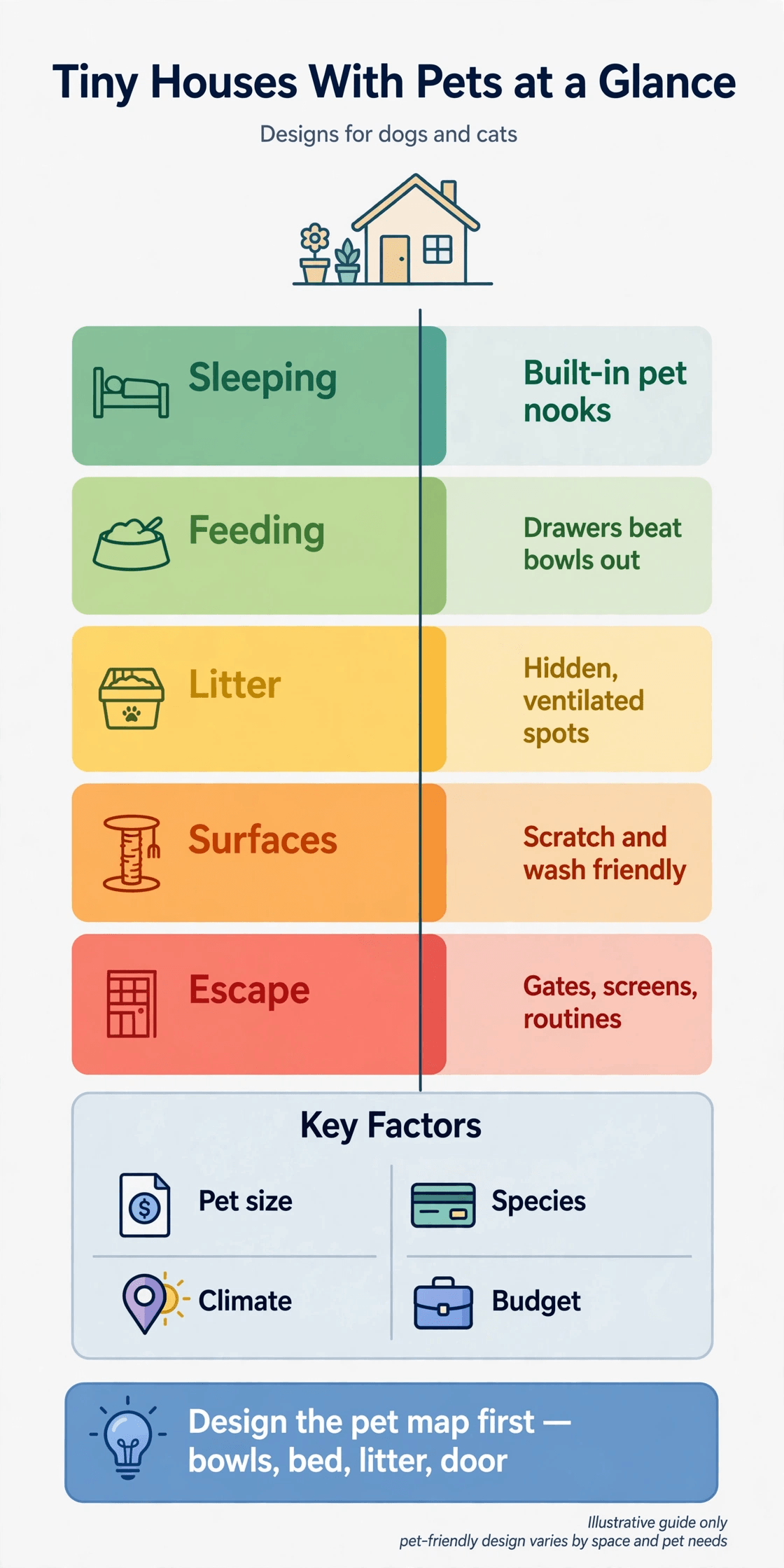 tiny house pet friendly design infographic summarising pet nooks, feeding stations and litter solutions for small homes