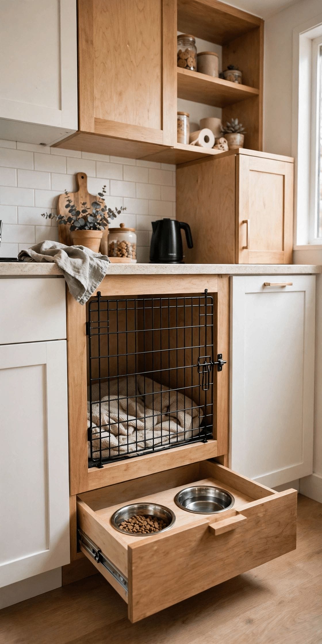 tiny house pet friendly design showing a cat climbing shelf and a washable pet corner in a tiny home