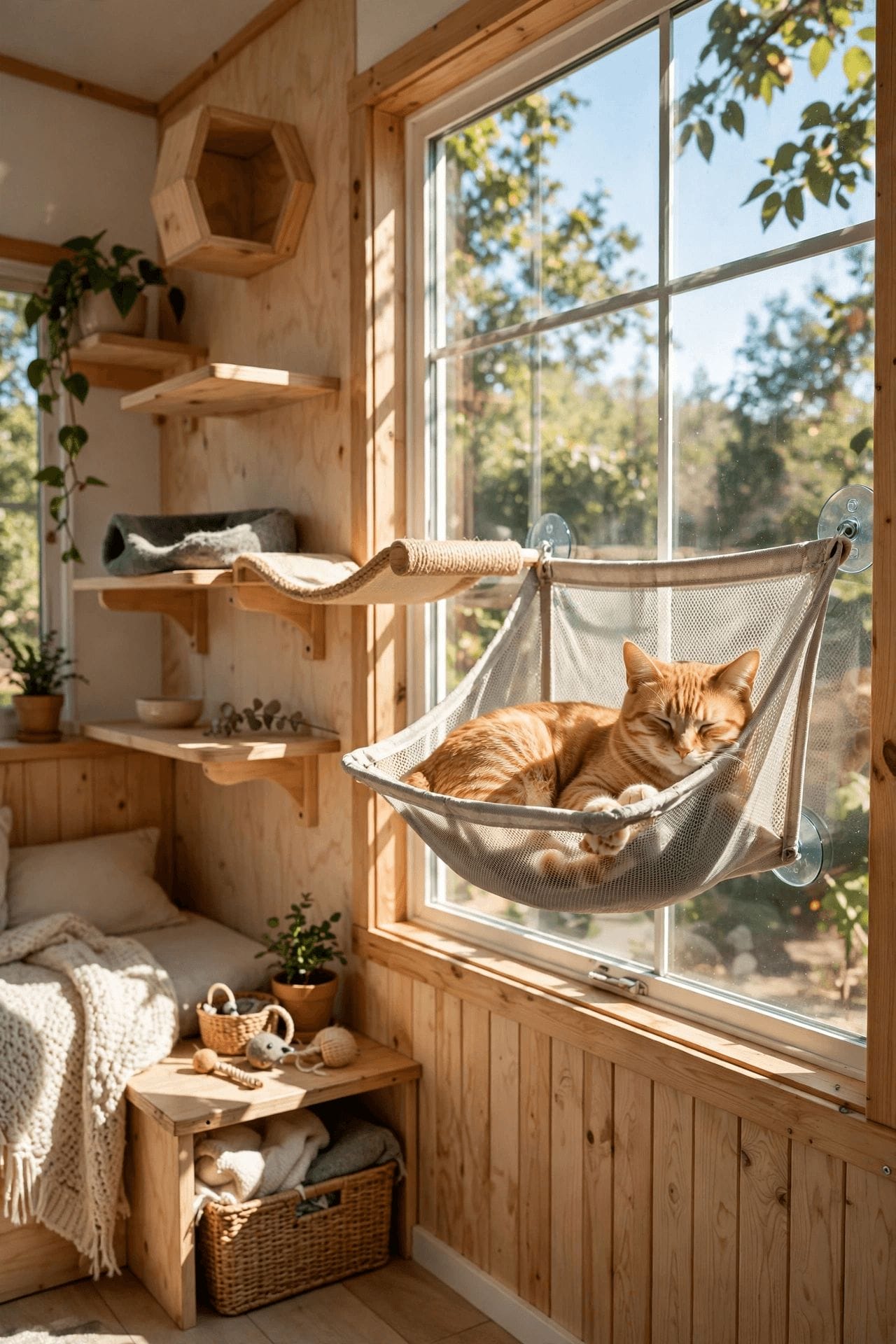 tiny house pet friendly design with a built-in dog bed and feeding drawer in a compact living space
