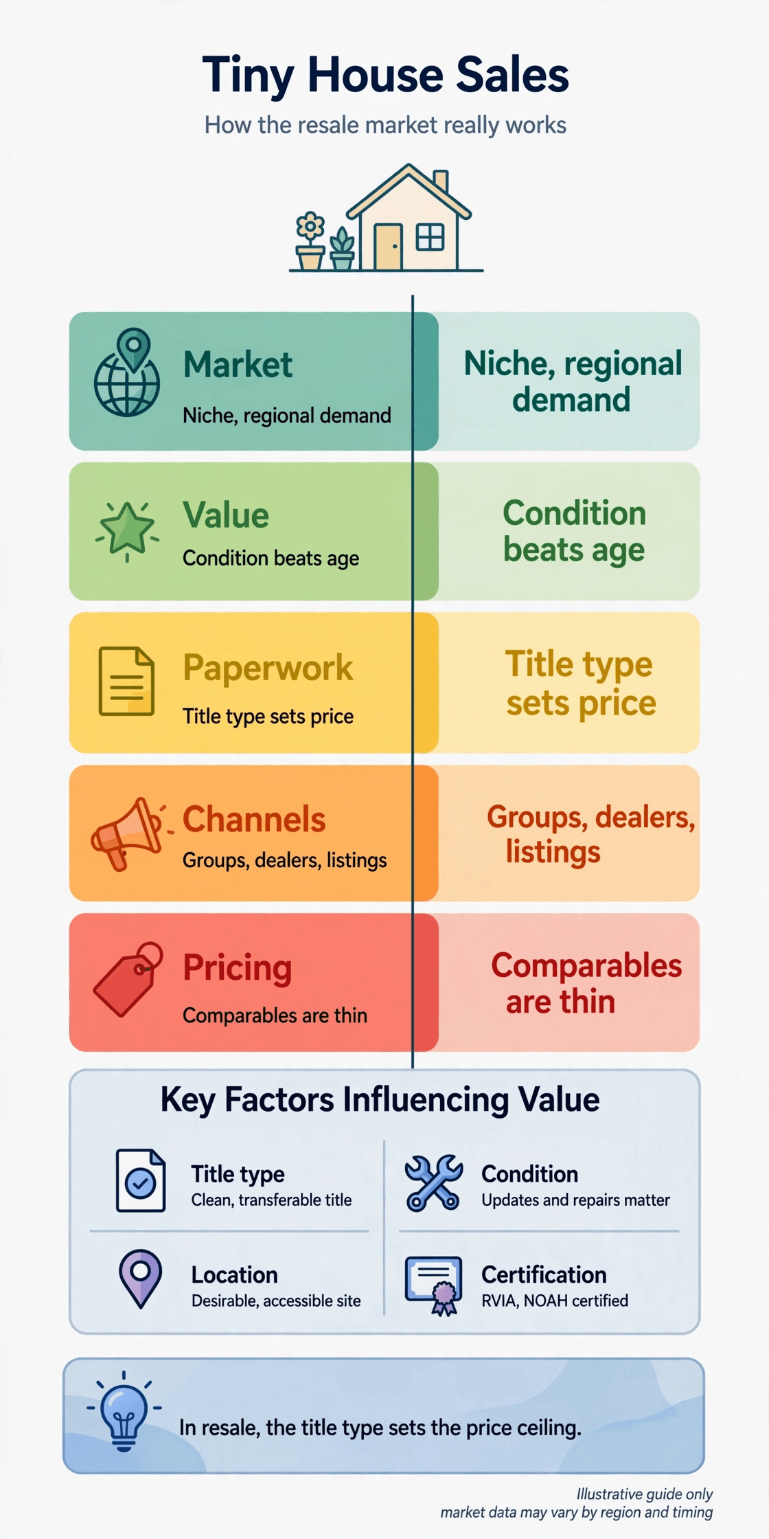 Tiny house sales — infographic summary of depreciation, title types and resale channels