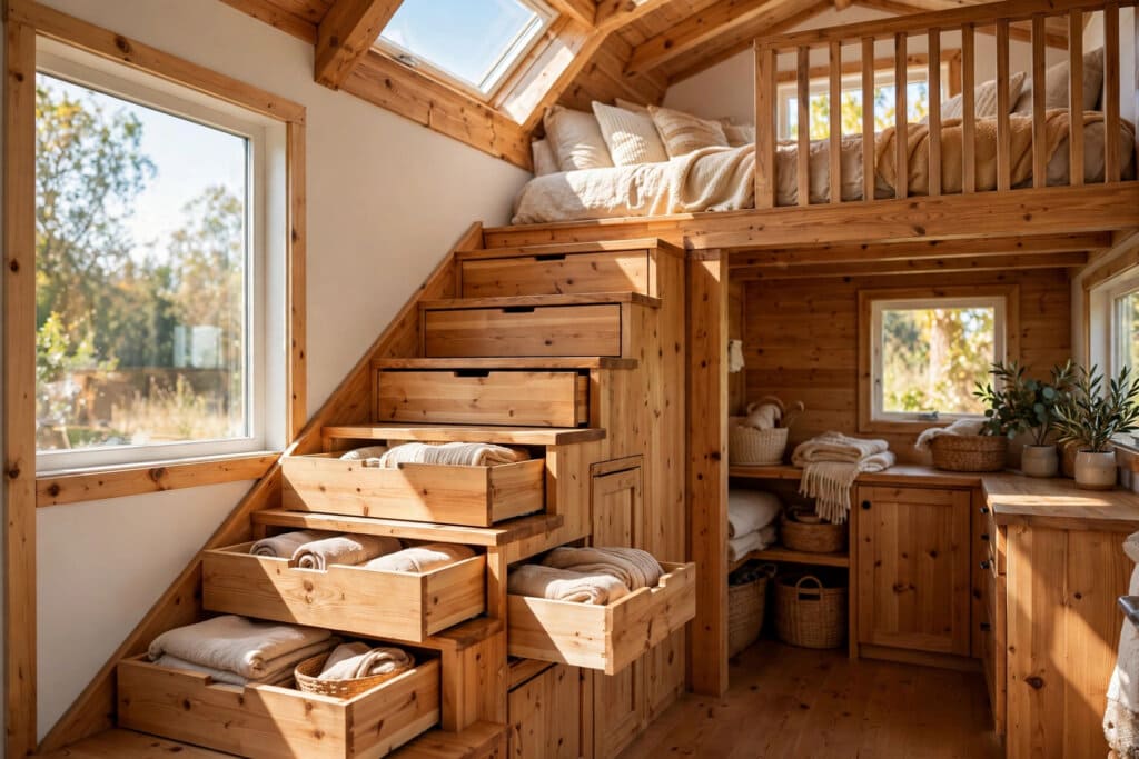 tiny house staircase interior design with storage stairs climbing to a sleeping loft