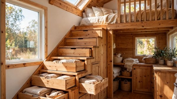 tiny house staircase interior design with storage stairs climbing to a sleeping loft