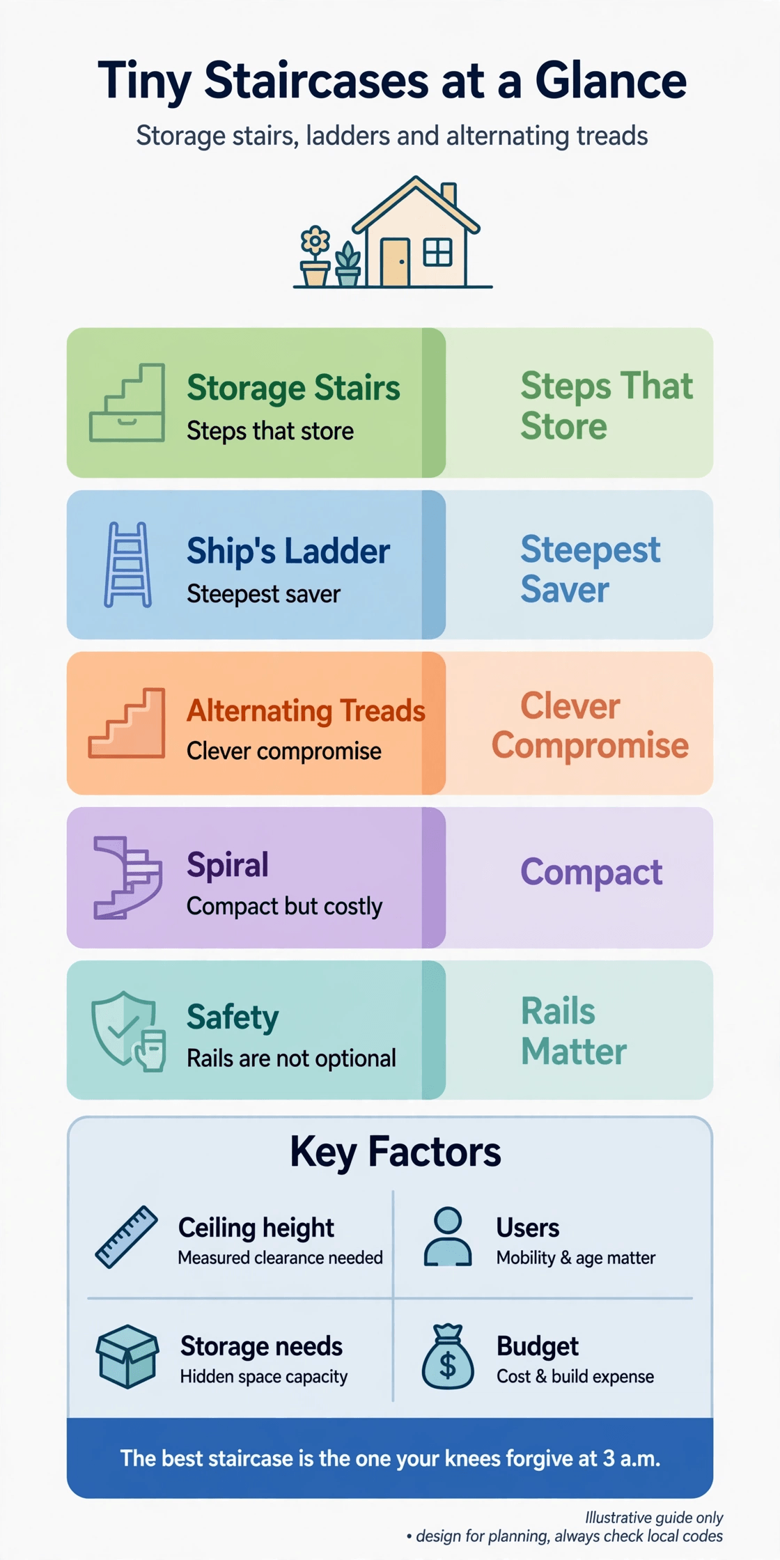 tiny house staircase interior design infographic comparing storage stairs, ladders, alternating treads and spiral stairs