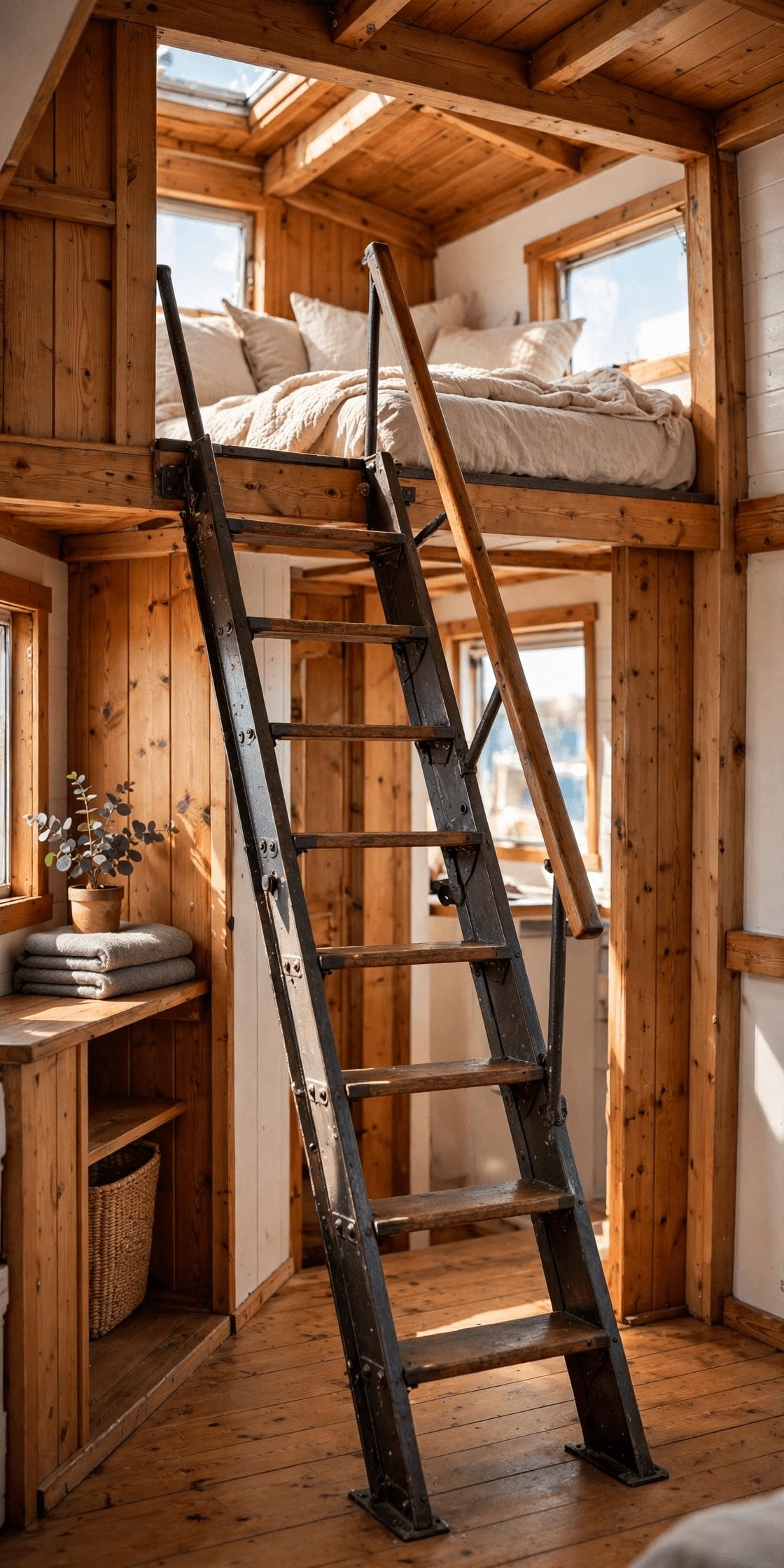 tiny house staircase interior design pin showing a ship's ladder and alternating treads to a loft