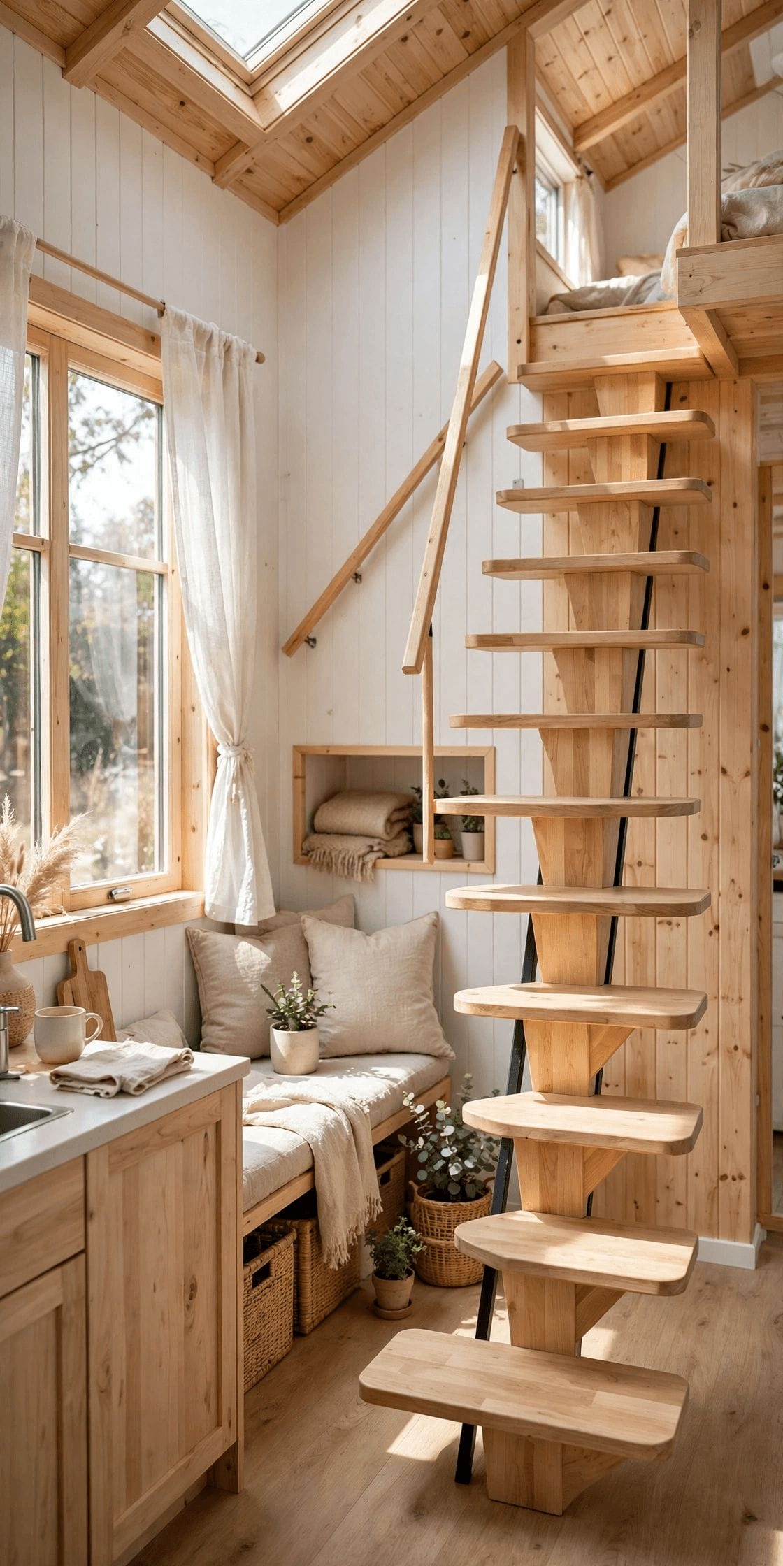 tiny house staircase interior design pin showing drawer storage stairs in a small home