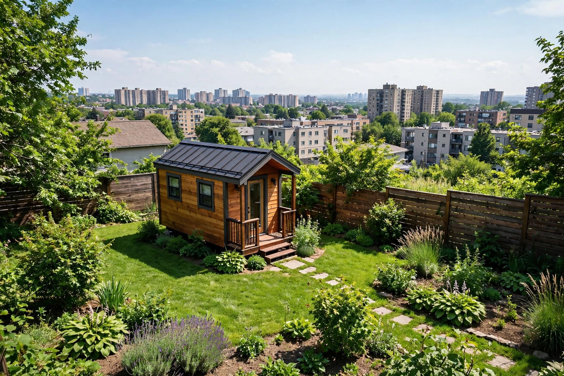 Tiny house vs apartment renting — featured image of a tiny house beside an apartment building in a city neighbourhood