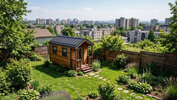 Tiny house vs apartment renting — featured image of a tiny house beside an apartment building in a city neighbourhood