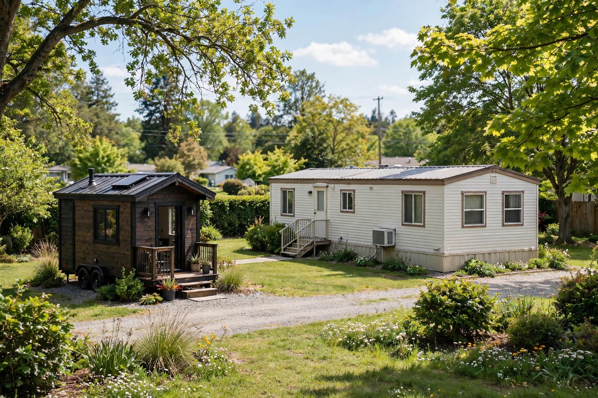 Tiny house vs mobile home — featured image of a tiny house beside a manufactured home in a residential setting