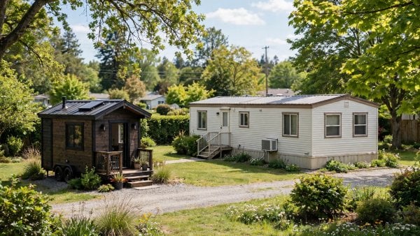 Tiny house vs mobile home — featured image of a tiny house beside a manufactured home in a residential setting