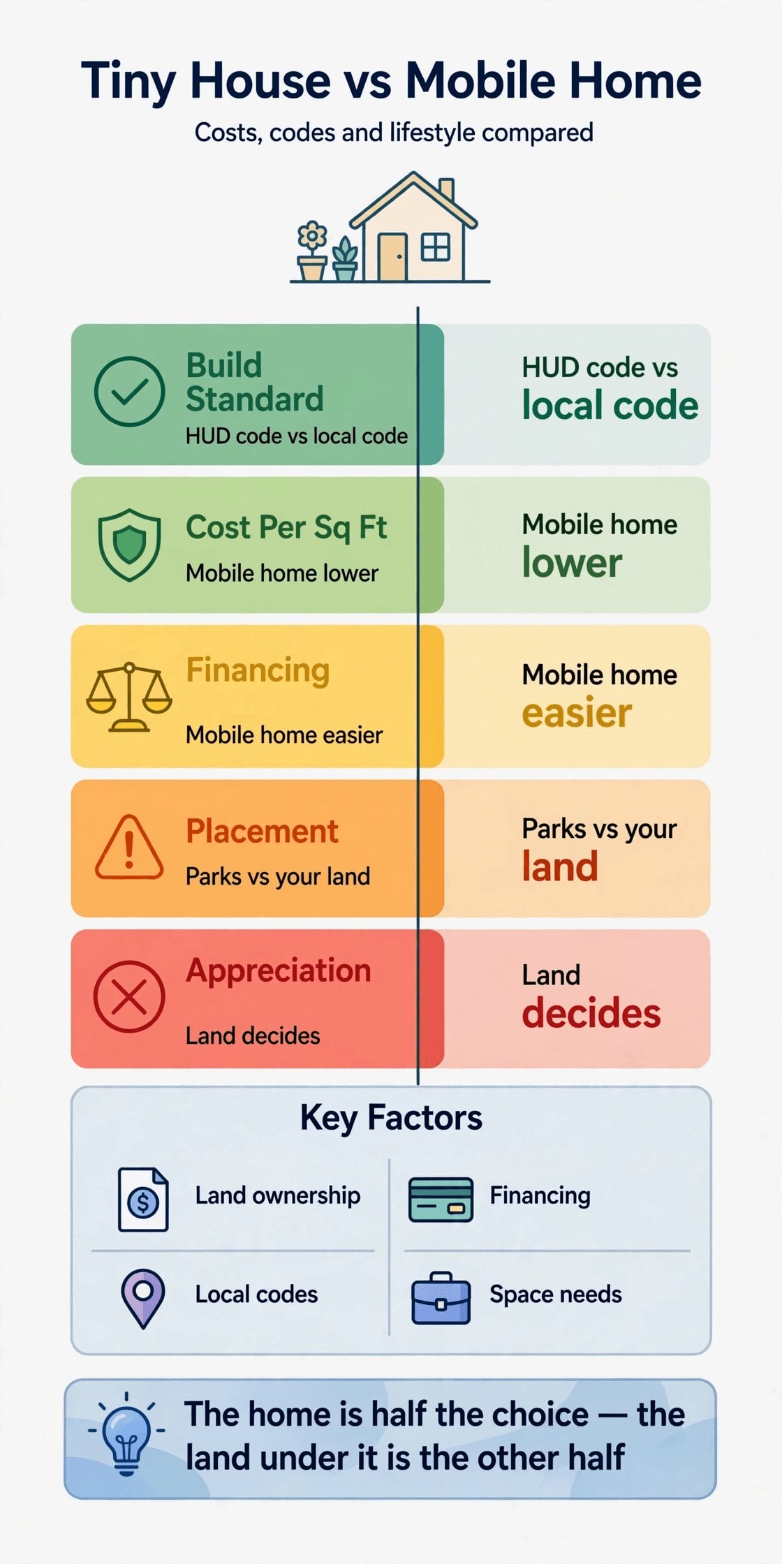 Tiny house vs mobile home — infographic summary of codes, cost per square foot, financing and placement compared
