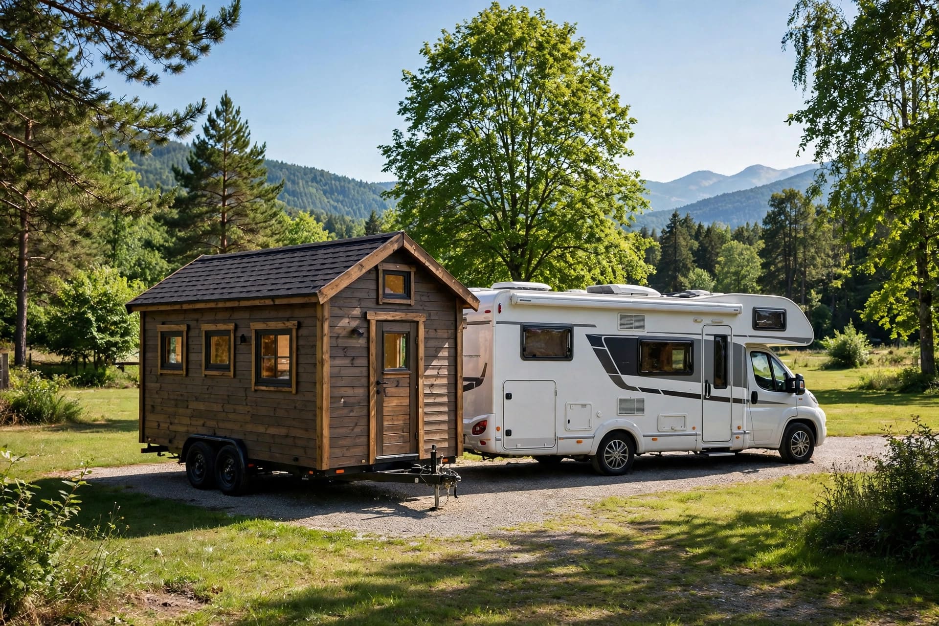 Tiny house vs rv full time living — featured image of a tiny house on wheels beside an RV set up for full-time living