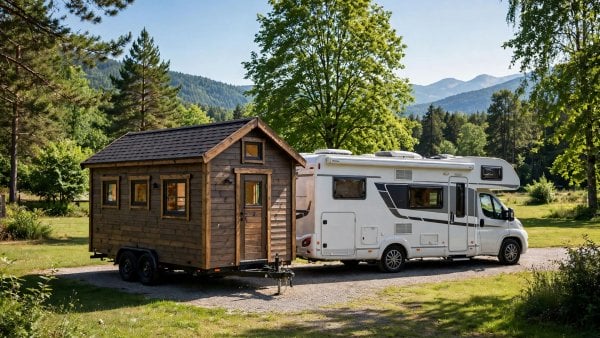 Tiny house vs rv full time living — featured image of a tiny house on wheels beside an RV set up for full-time living