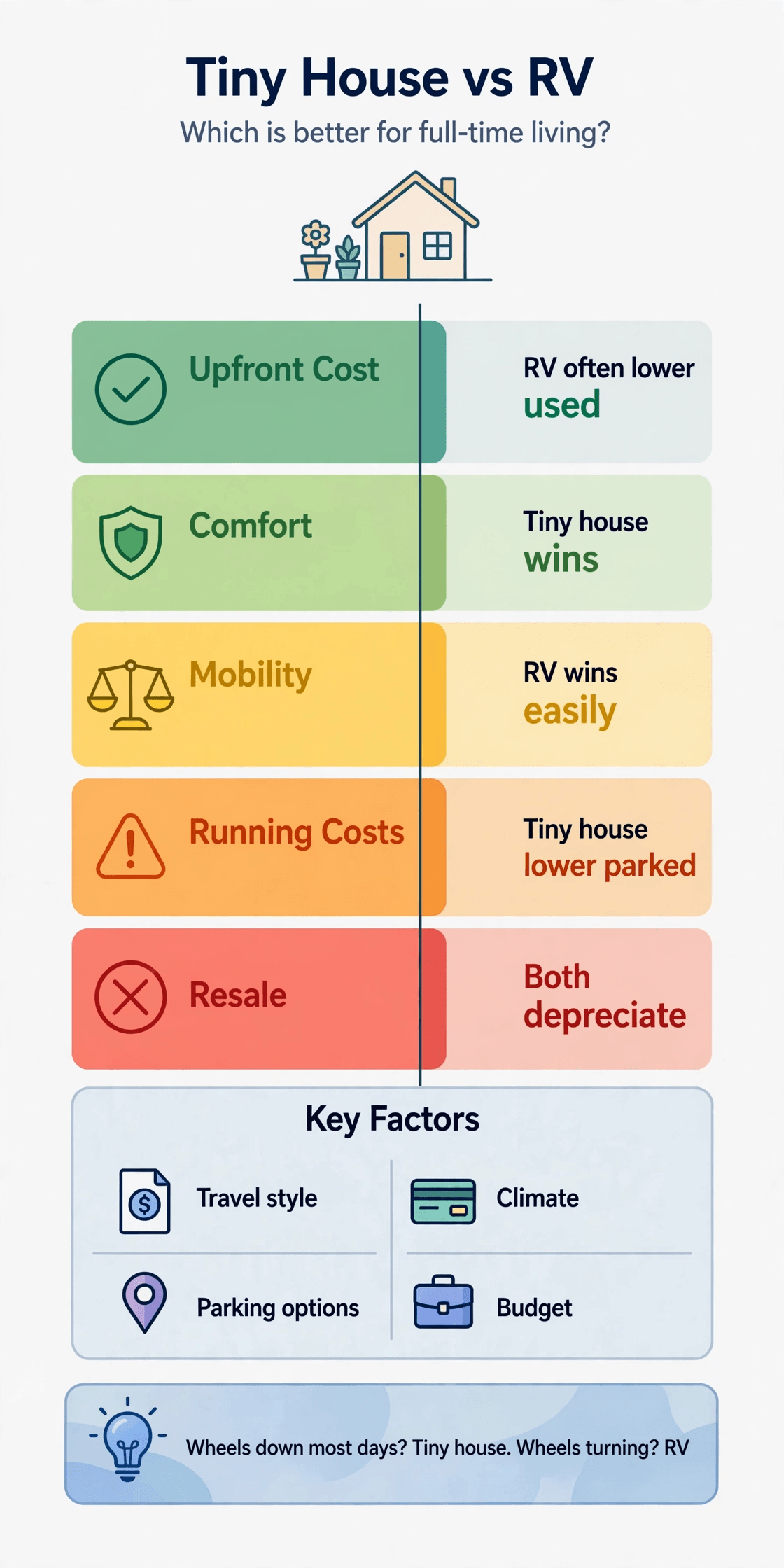 Tiny house vs rv full time living — infographic summary of cost, comfort, mobility, running costs and placement compared