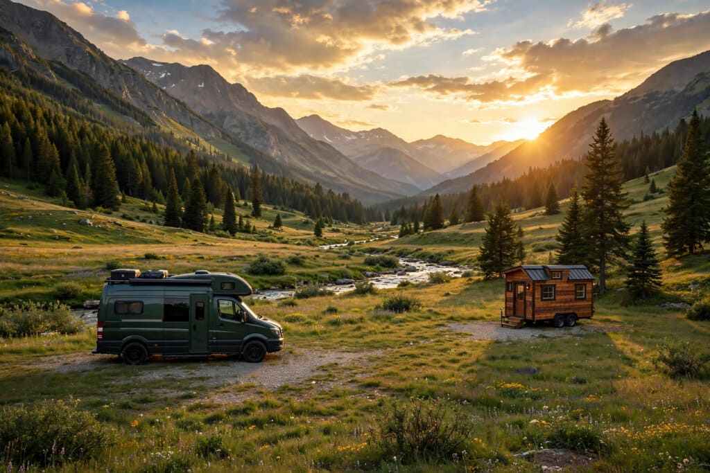 Tiny house vs van life cost — featured image of a tiny house on wheels beside a camper van at a rural stop