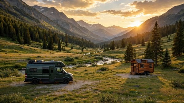 Tiny house vs van life cost — featured image of a tiny house on wheels beside a camper van at a rural stop