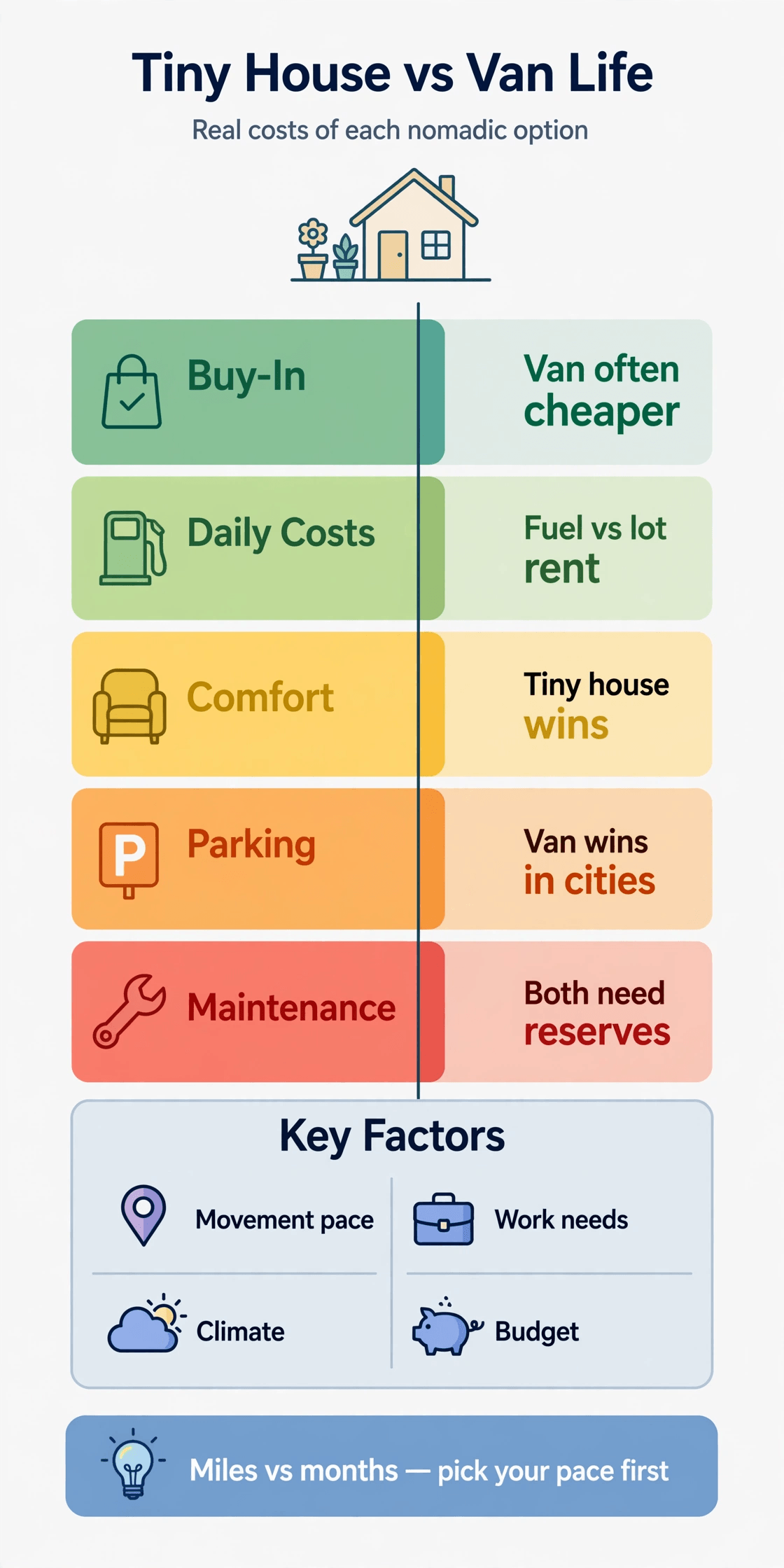 Tiny house vs van life cost — infographic summary of buy-in, running costs, comfort and parking compared