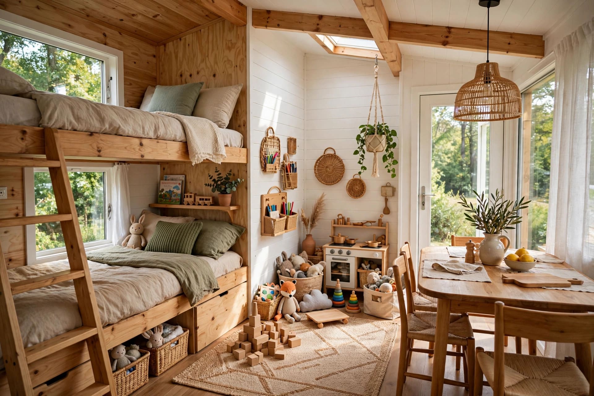 tiny house with kids design showing a family-friendly small living space with bunks and a play corner