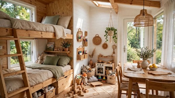 tiny house with kids design showing a family-friendly small living space with bunks and a play corner